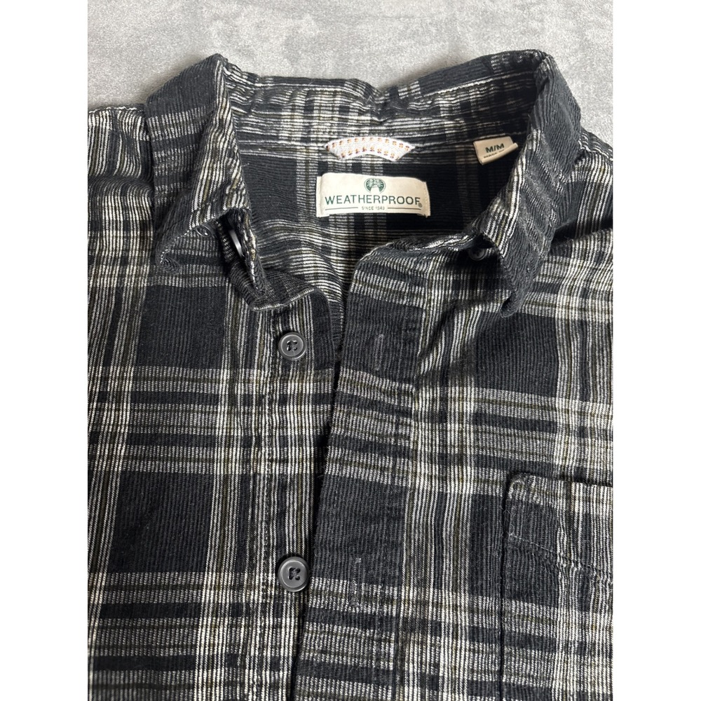 Weatherproof Mens Black Grey Plaid Corduroy Button Down Shirt M Cotton WPL 11590